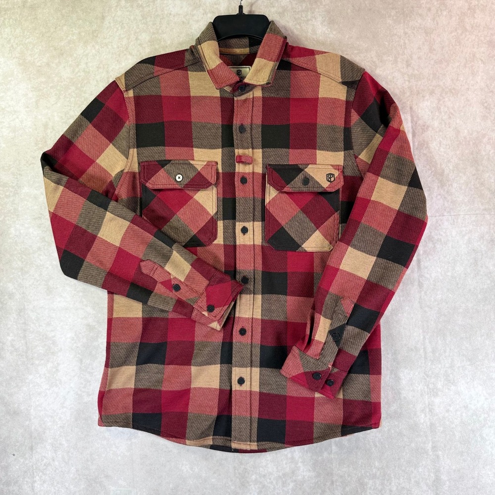 Born Primitive Flannel Button Down Mens Medium Red Buffalo Plaid Stretch Pockets